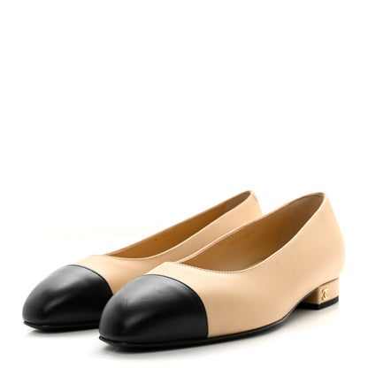 Chanel Lambskin Cap Toe CC Uniform Ballerina Flats 36 Beige Black 3 of 9