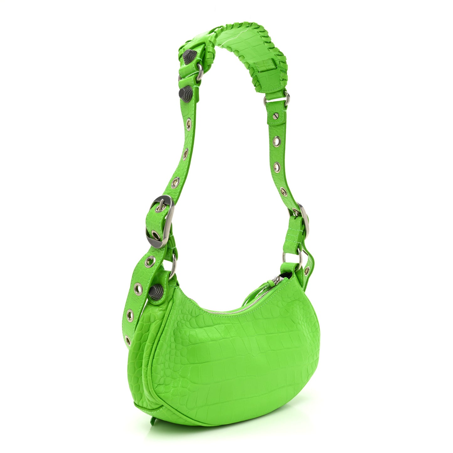 Extra Supple Calfskin Crocodile Embossed Le Cagole Shoulder Bag XS Acid Green