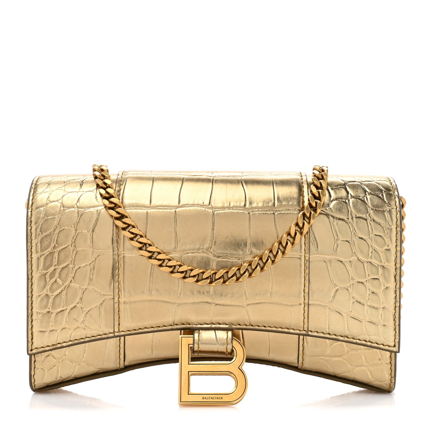 Metallic Calfskin Crocodile Embossed Hourglass Chain Bag Gold