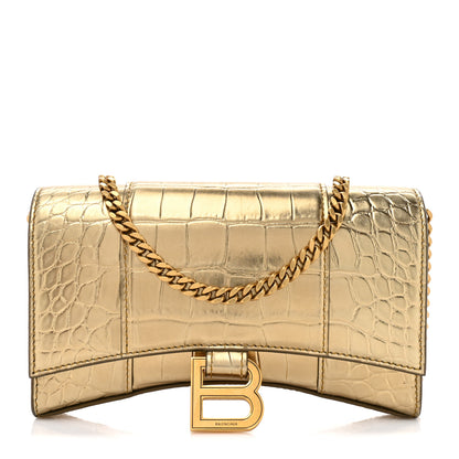 Balenciaga Metallic Calfskin Crocodile Embossed Hourglass Chain Bag Gold 1 of 12