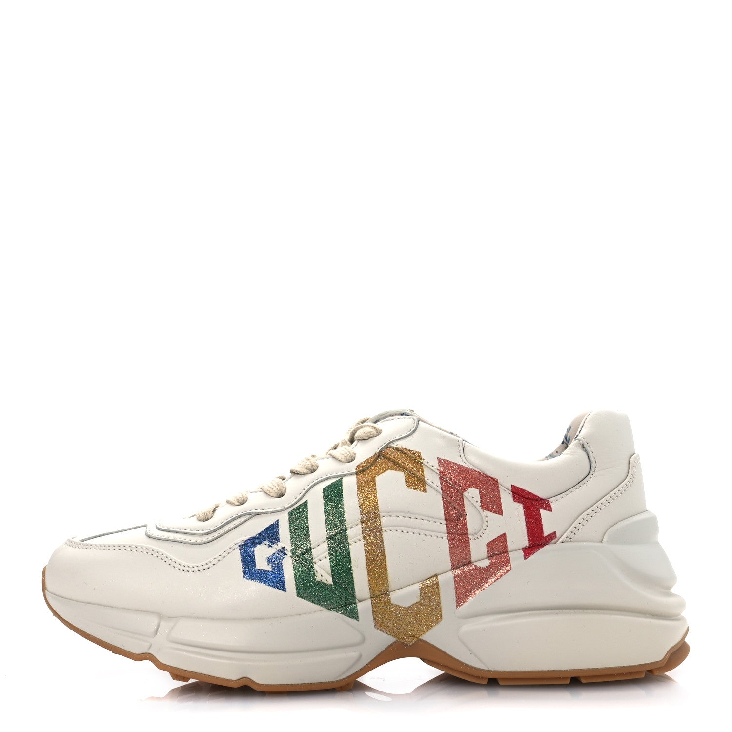 Gucci Calfskin Glitter Game Logo Womens Rhyton Sneakers 37.5 Mystic White 1 of 11