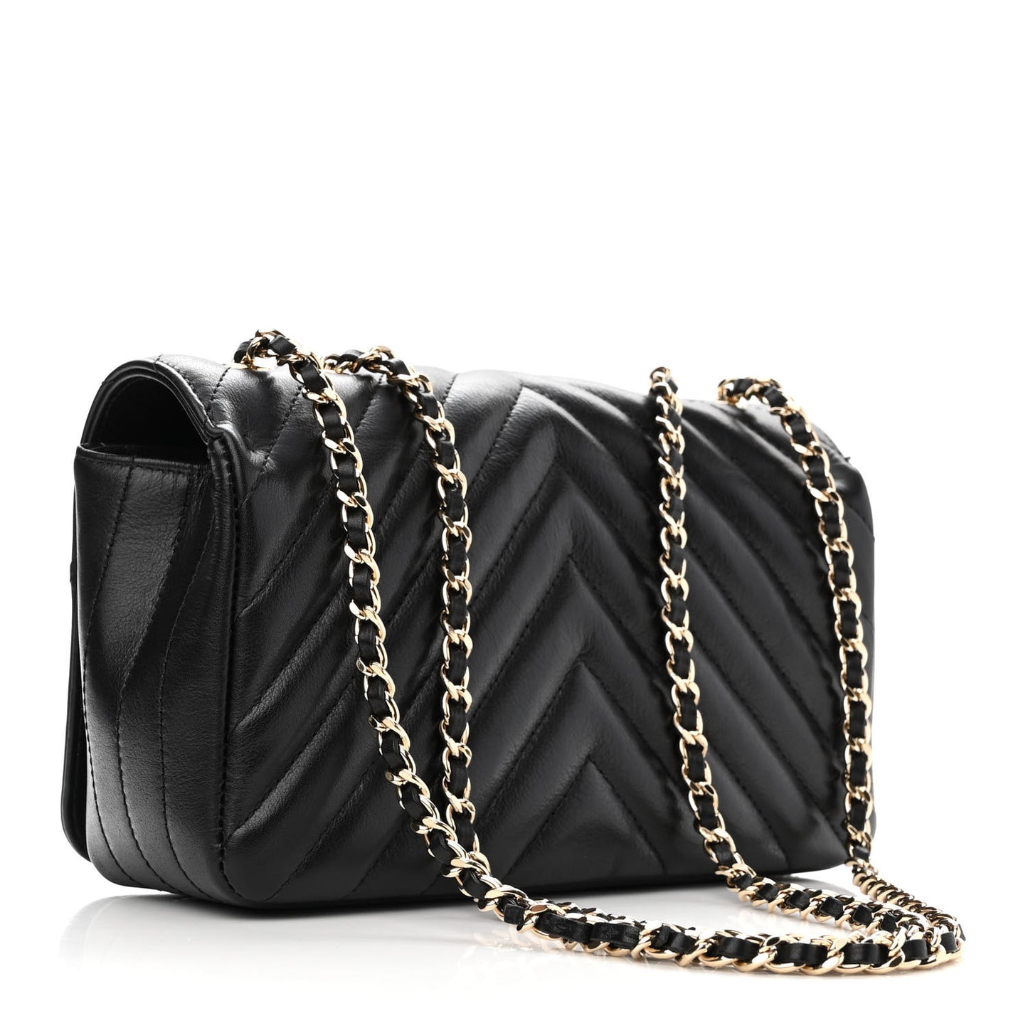 Calfskin Chevron Quilted Mini Statement Flap Black