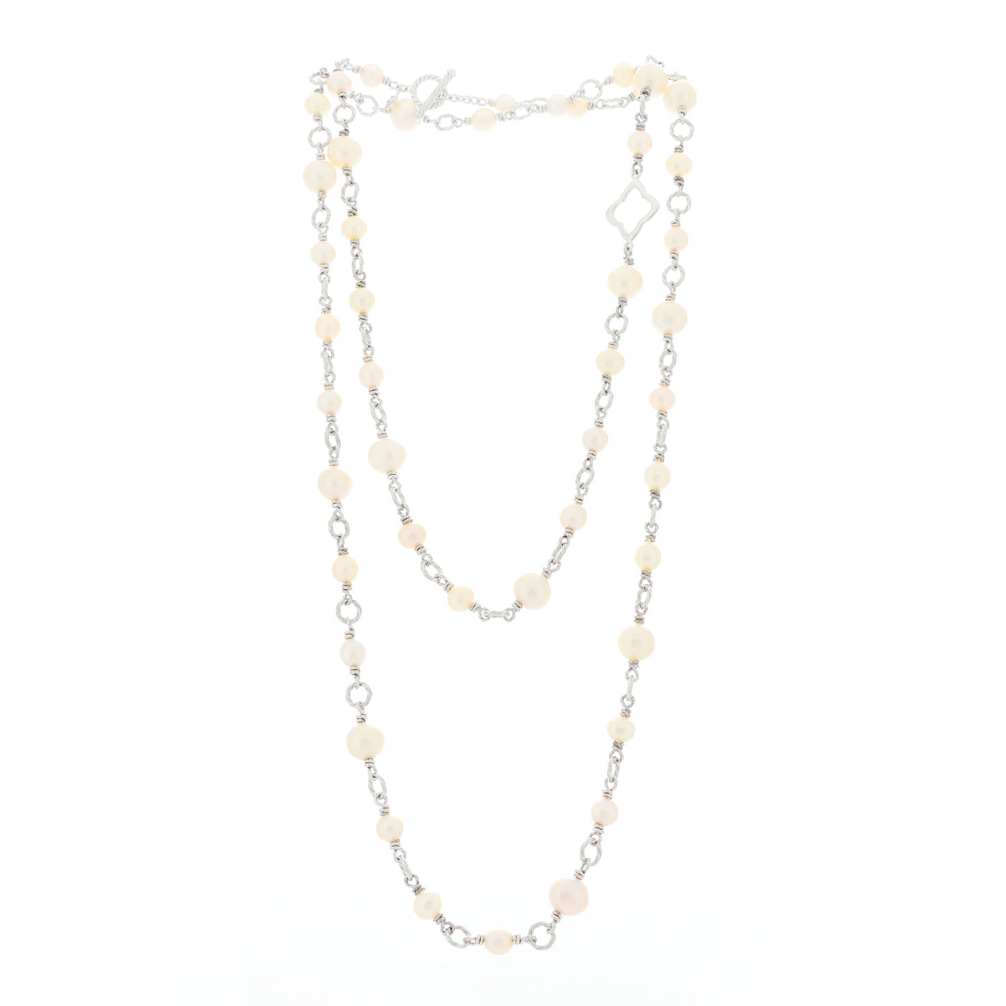 Sterling Silver Cultured Pearl Quatrefoil Long Chain Necklace
