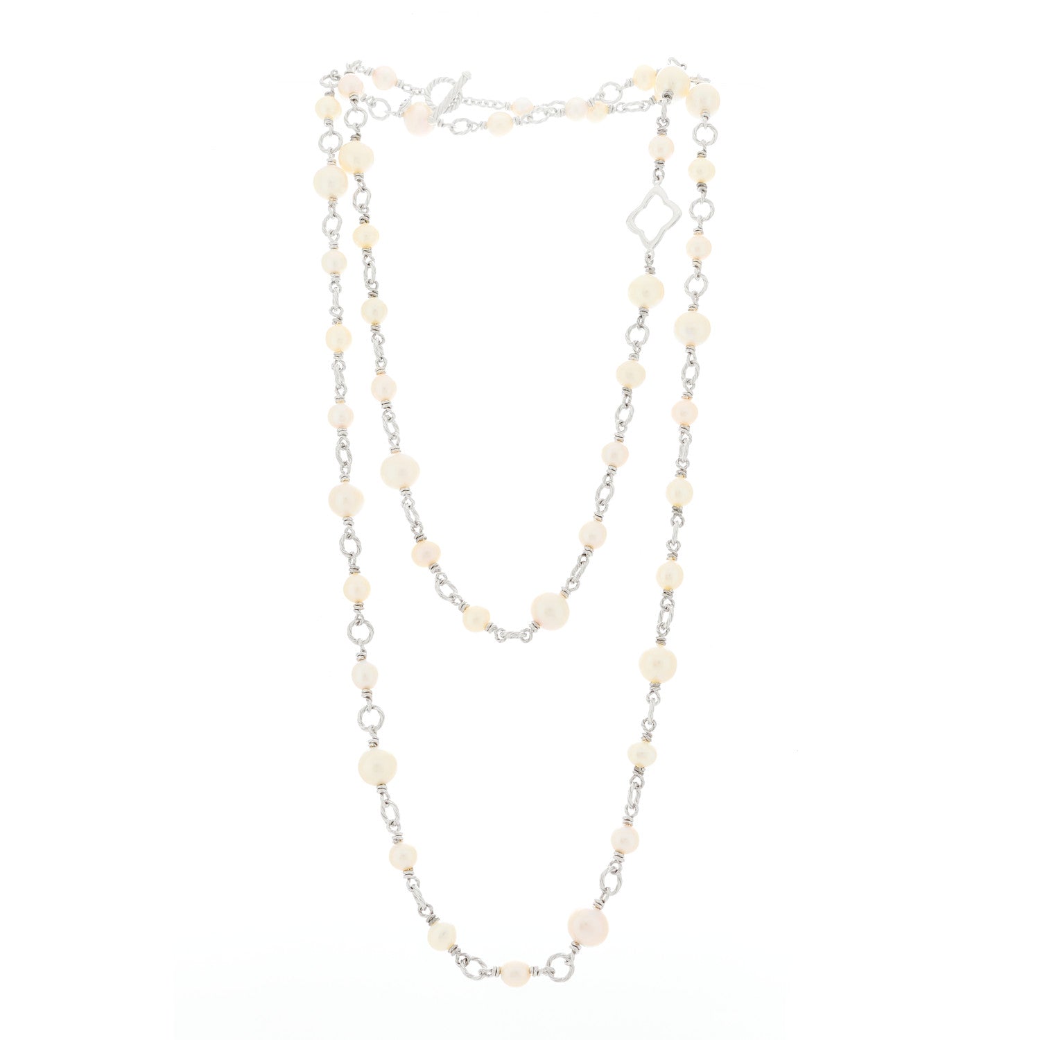 David Yurman Sterling Silver Cultured Pearl Quatrefoil Long Chain Necklace 3 of 5