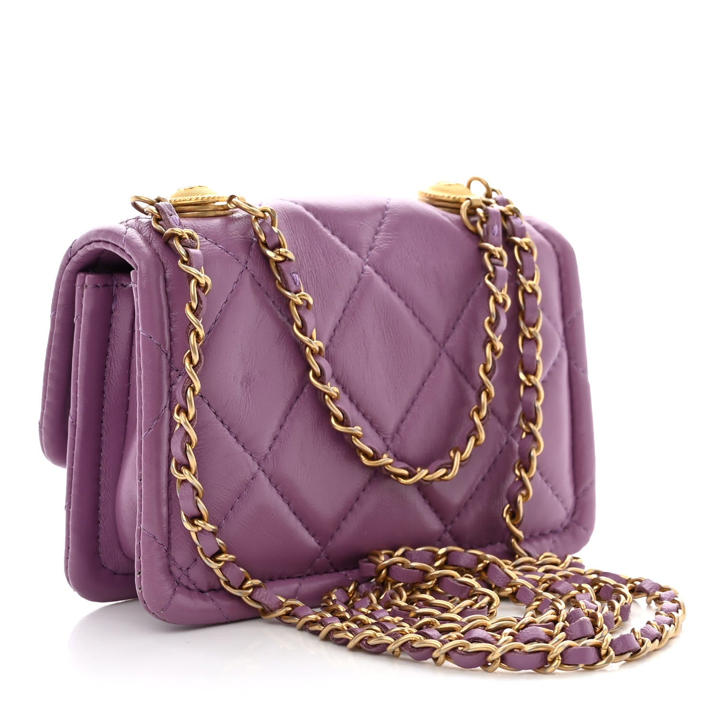 Shiny Lambskin Quilted Extra Mini Flap Purple