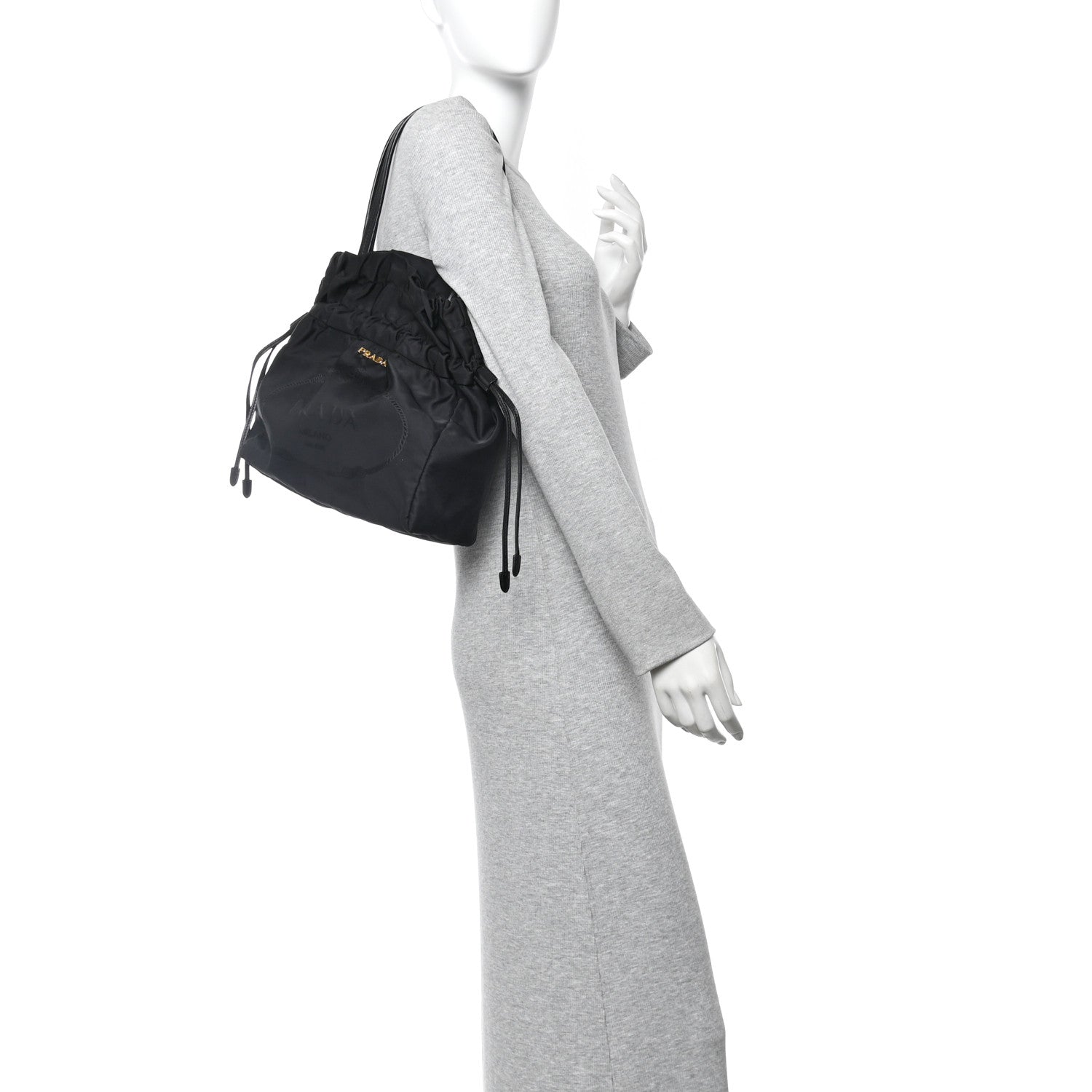 Prada Tessuto Nylon Jacquard Logo Drawstring Tote Black 2 of 9