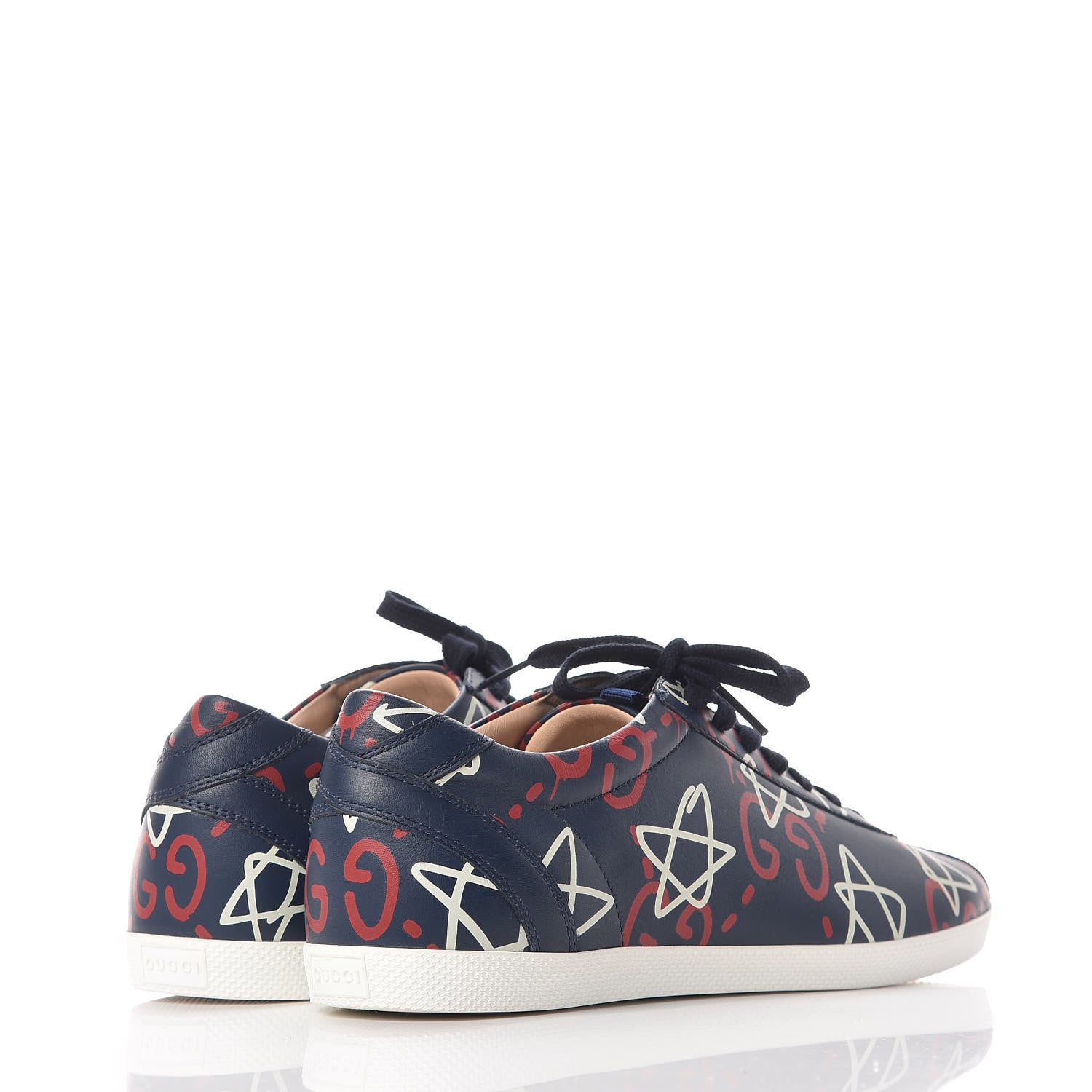 Gucci Calfskin GucciGhost Print Mens Low Top Sneakers 8.5 Blue Agata Hibiscus Red 5 of 9