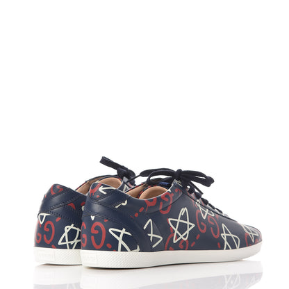 Gucci Calfskin GucciGhost Print Mens Low Top Sneakers 8.5 Blue Agata Hibiscus Red 5 of 9