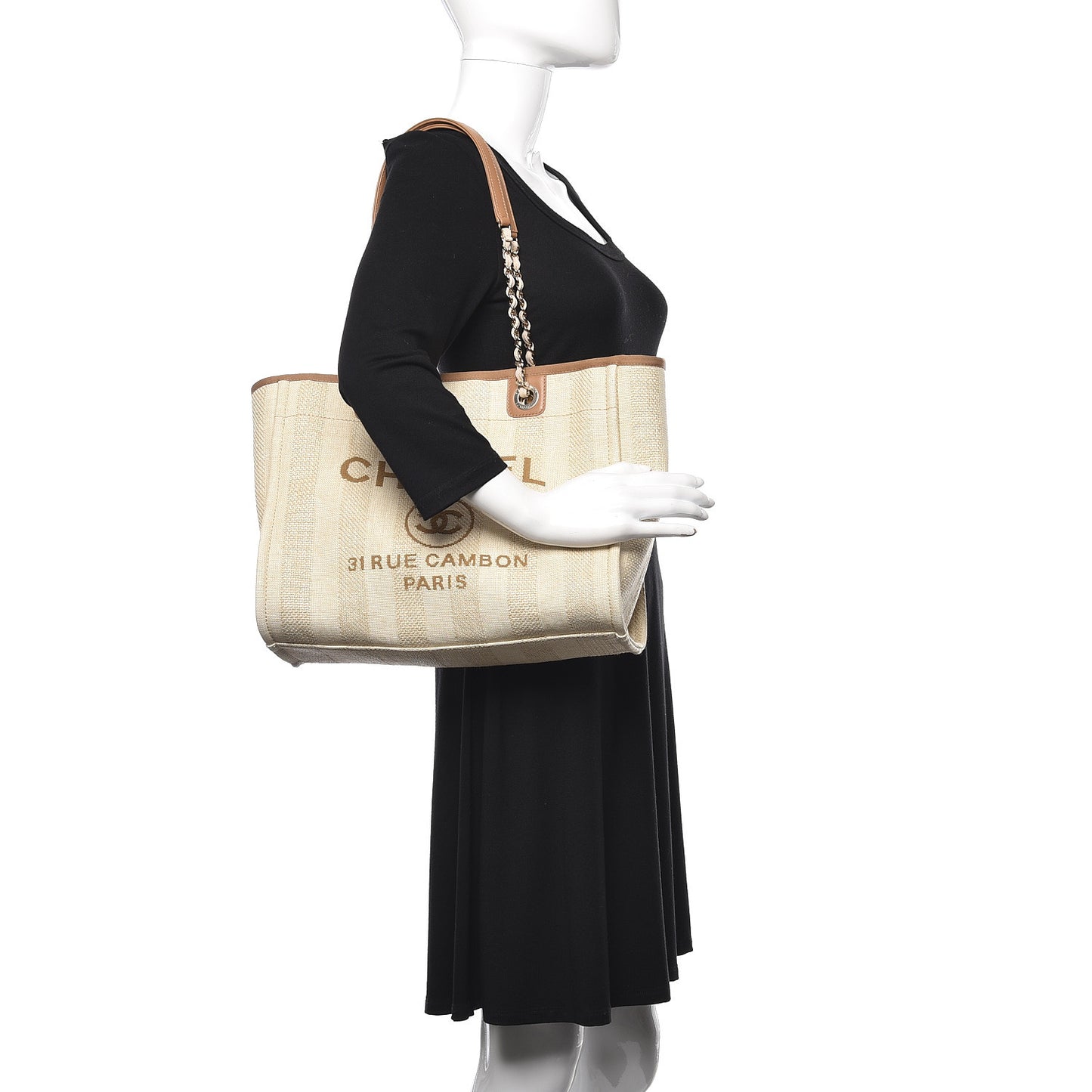 Straw Raffia Calfskin Striped Small Deauville Tote Beige