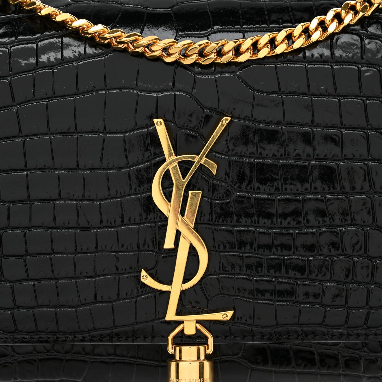 Calfskin Crocodile Embossed Medium Classic Monogram Kate Tassel Satchel Black