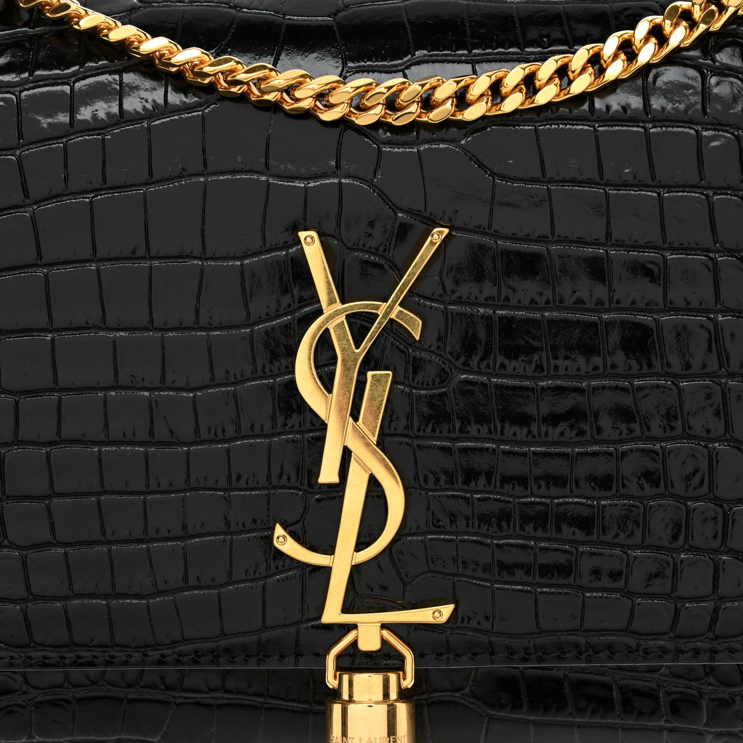 Saint Laurent Calfskin Crocodile Embossed Medium Classic Monogram Kate Tassel Satchel Black 8 of 10