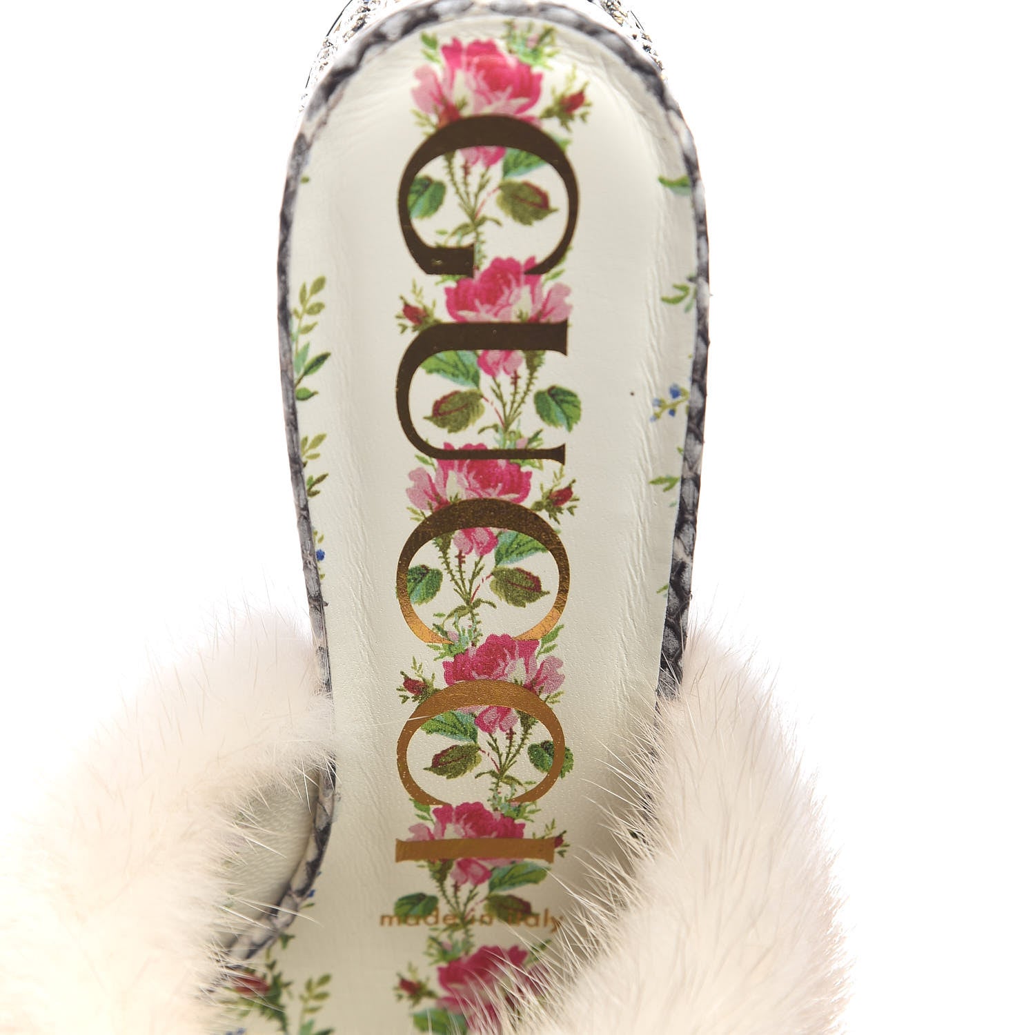 Gucci Snakeskin Fur Crystal Snake Candy Mules 36 Natural 7 of 9