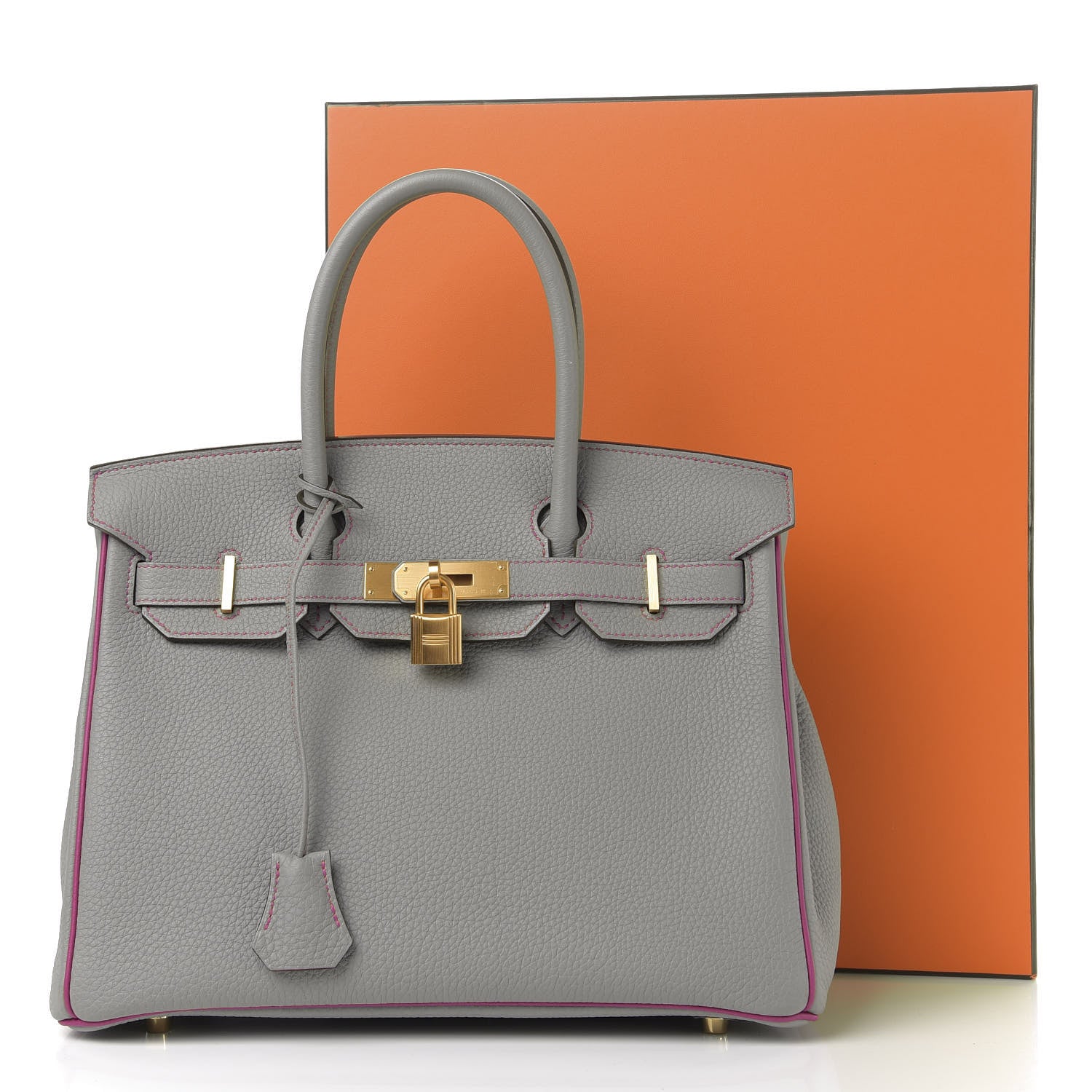 Hermes Togo Horseshoe Birkin 30 Gris Mouette Rose Pourpre 11 of 11