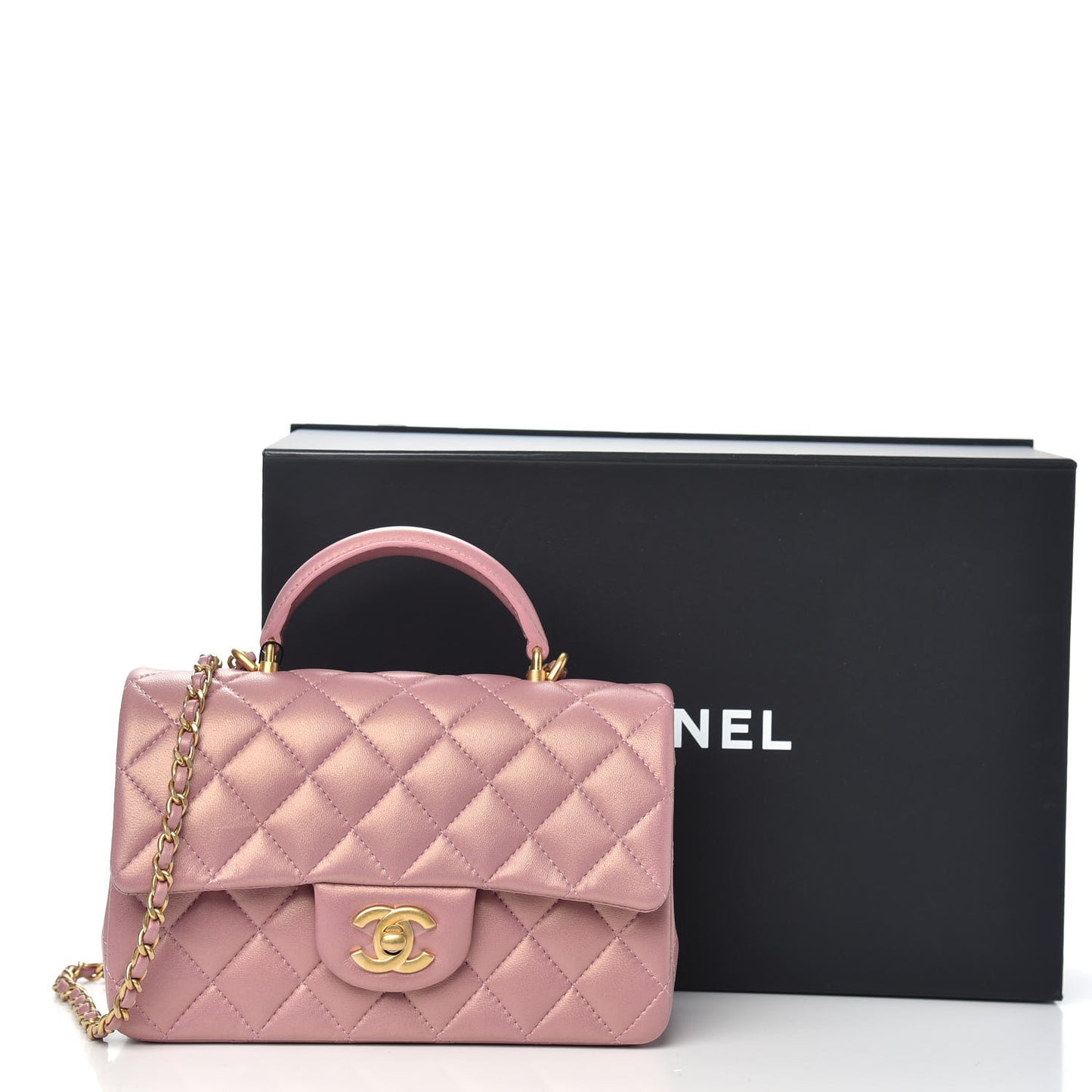 Iridescent Lambskin Quilted Mini Top Handle Rectangular Flap Pink