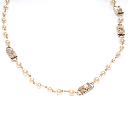 Chanel Crystal Gold Charm Pearl CC Chain Necklace 1 of 8
