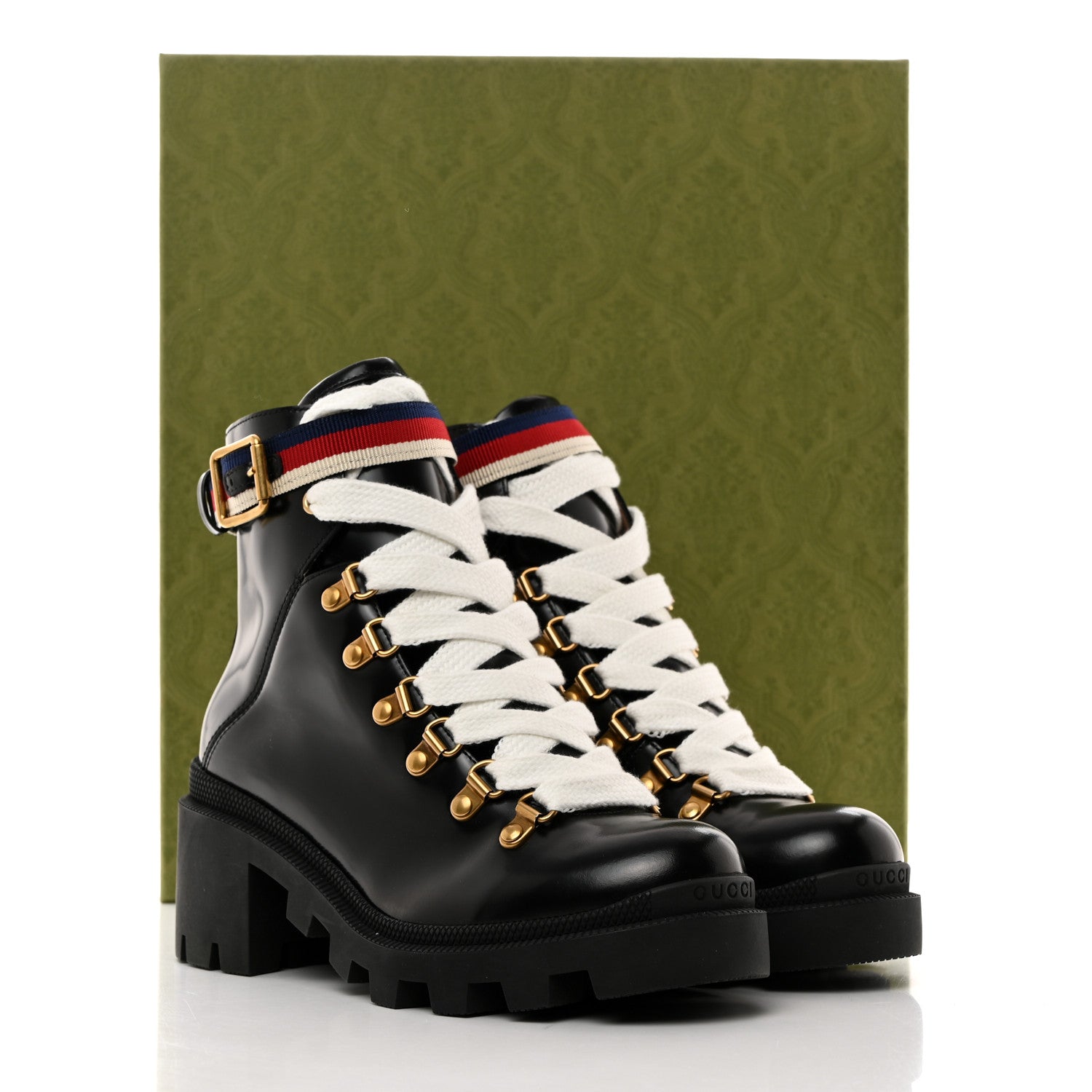 Gucci Calfskin Sylvie Web Womens Lace Up Combat Boots 35.5 Black 9 of 9