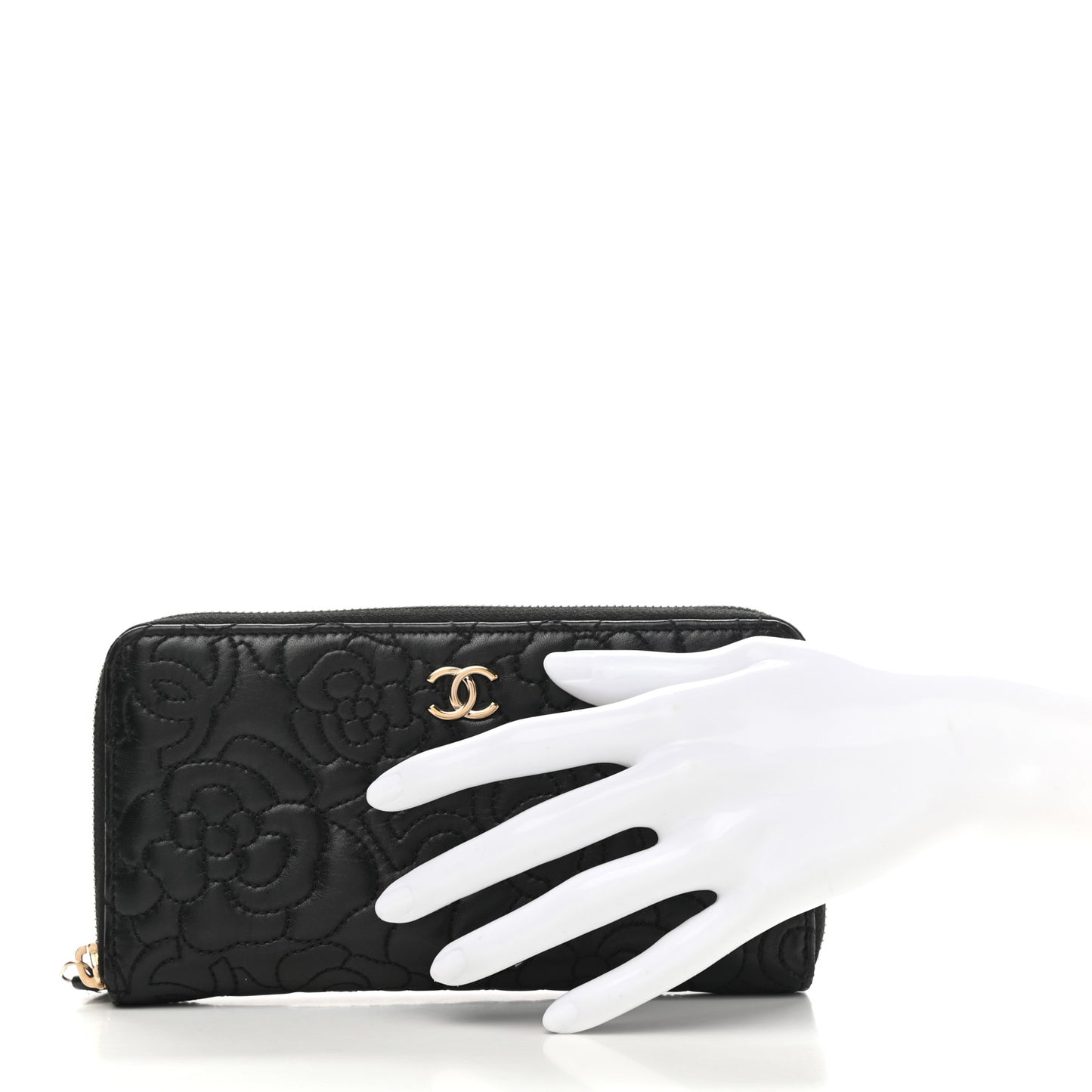 Lambskin Camellia Embossed Large Zip Around Gusset Wallet Black