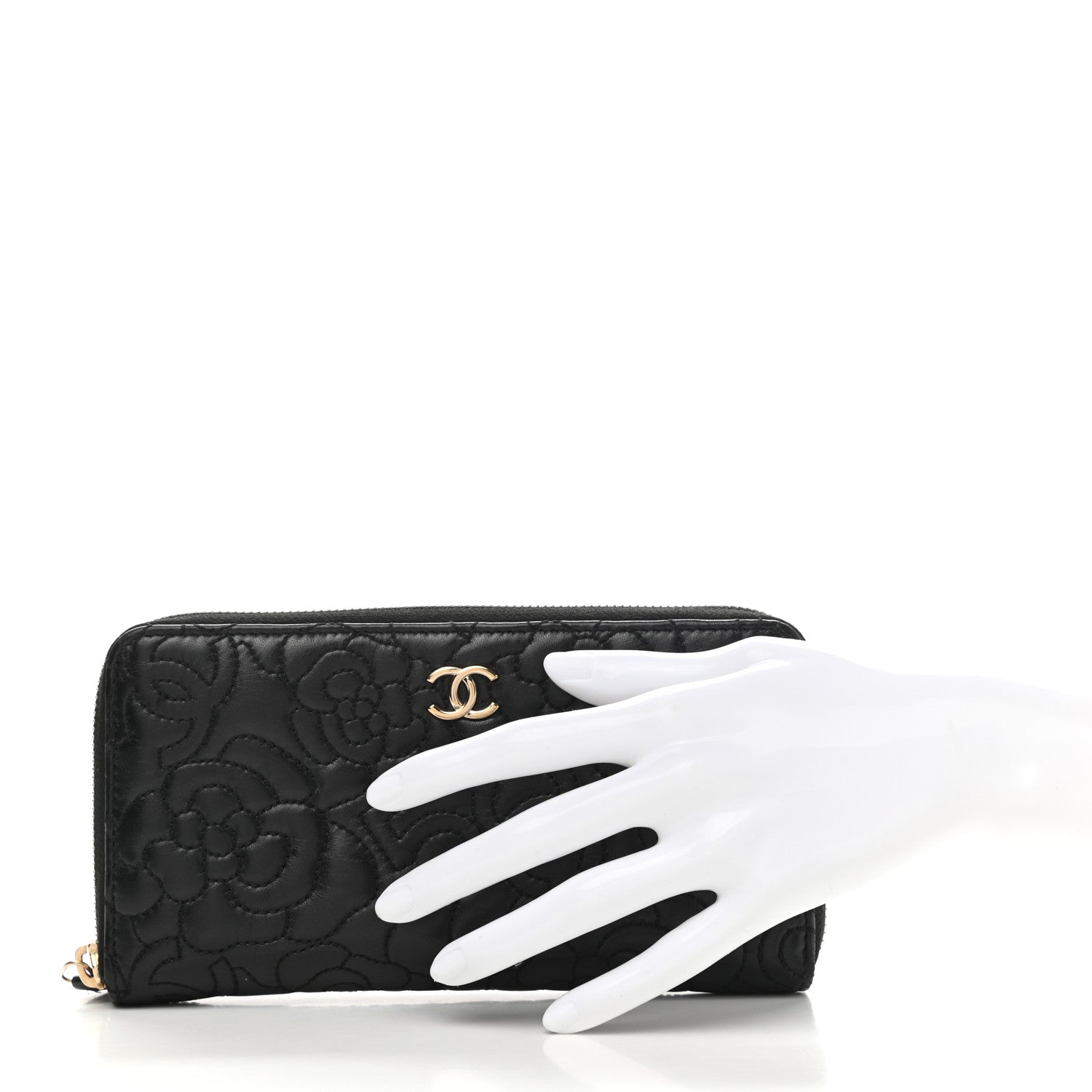 Chanel Lambskin Camellia Embossed Large Zip Around Gusset Wallet Black 2 of 10
