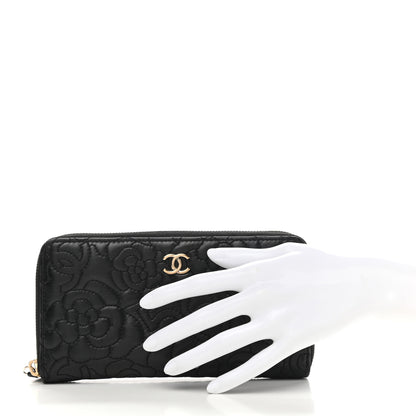 Chanel Lambskin Camellia Embossed Large Zip Around Gusset Wallet Black 2 of 10