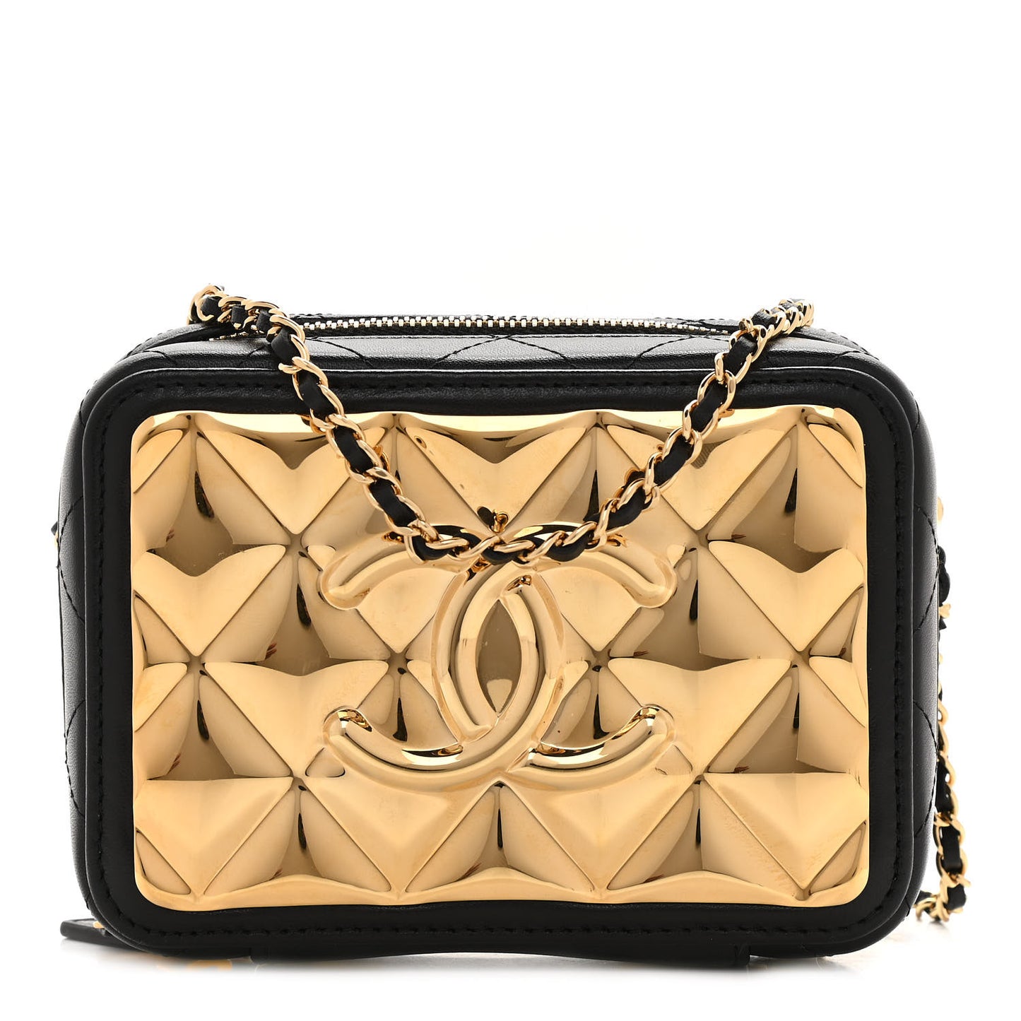 Lambskin Quilted Golden Plate Clutch With Chain Black