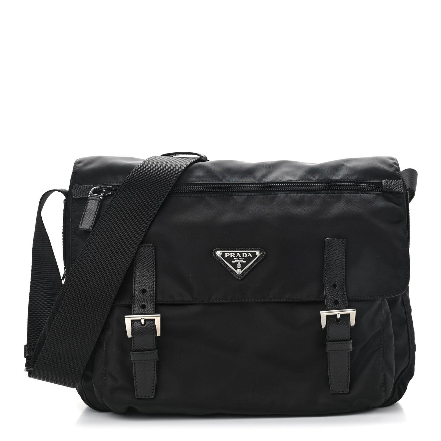 Tessuto Nylon Saffiano Double Buckle Messenger Shoulder Bag Black