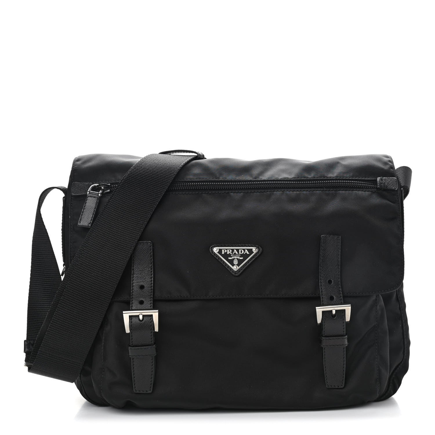 Prada Tessuto Nylon Saffiano Double Buckle Messenger Shoulder Bag Black 1 of 9