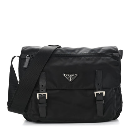 Prada Tessuto Nylon Saffiano Double Buckle Messenger Shoulder Bag Black 1 of 9