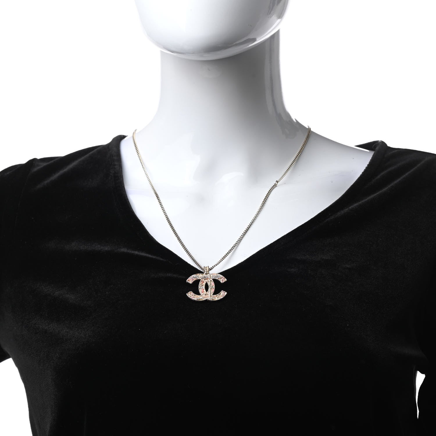 Chanel Resin Crystal Pearl Tweed Effect CC Necklace Gold Pink 2 of 5