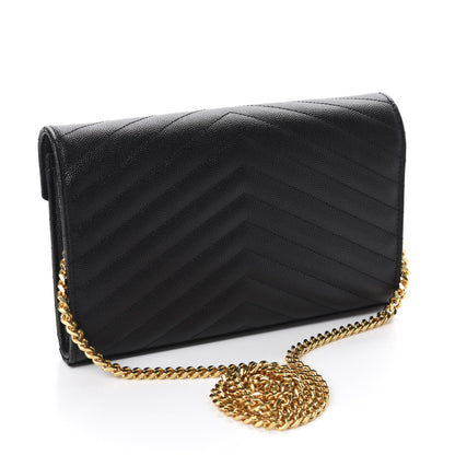 Saint Laurent Grain De Poudre Matelasse Chevron Monogram Chain Wallet Black 3 of 10