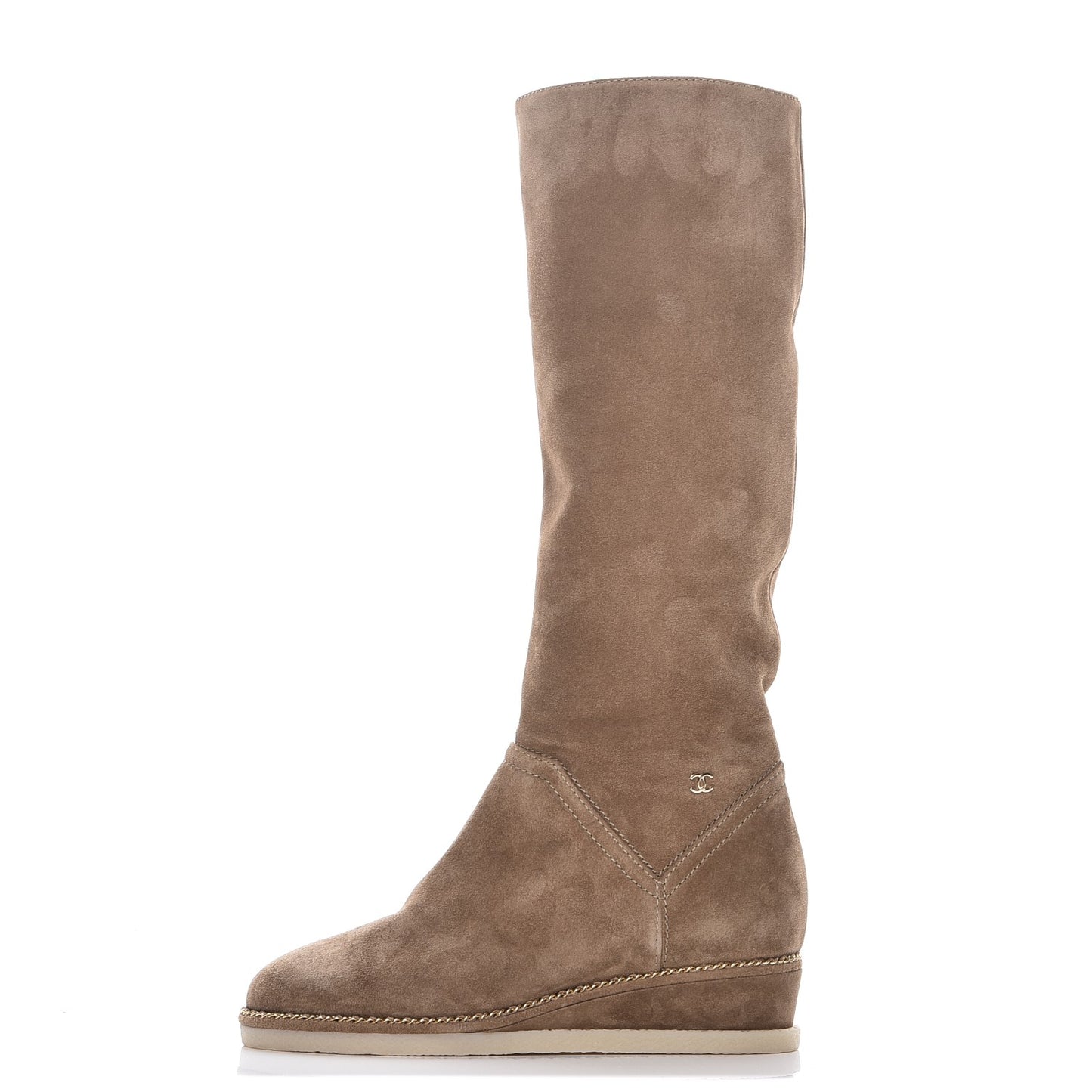 Suede Calfskin Chain Around High Boots 36 Beige