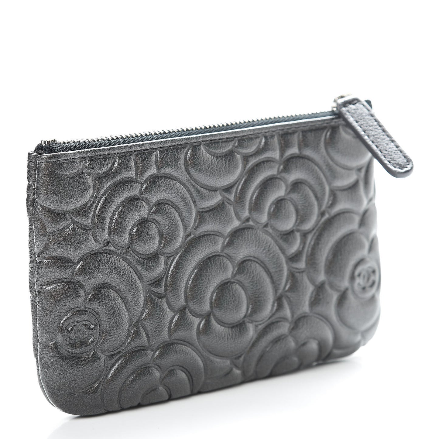 Goatskin Camellia Embossed Cosmetic Pouch Anthracite