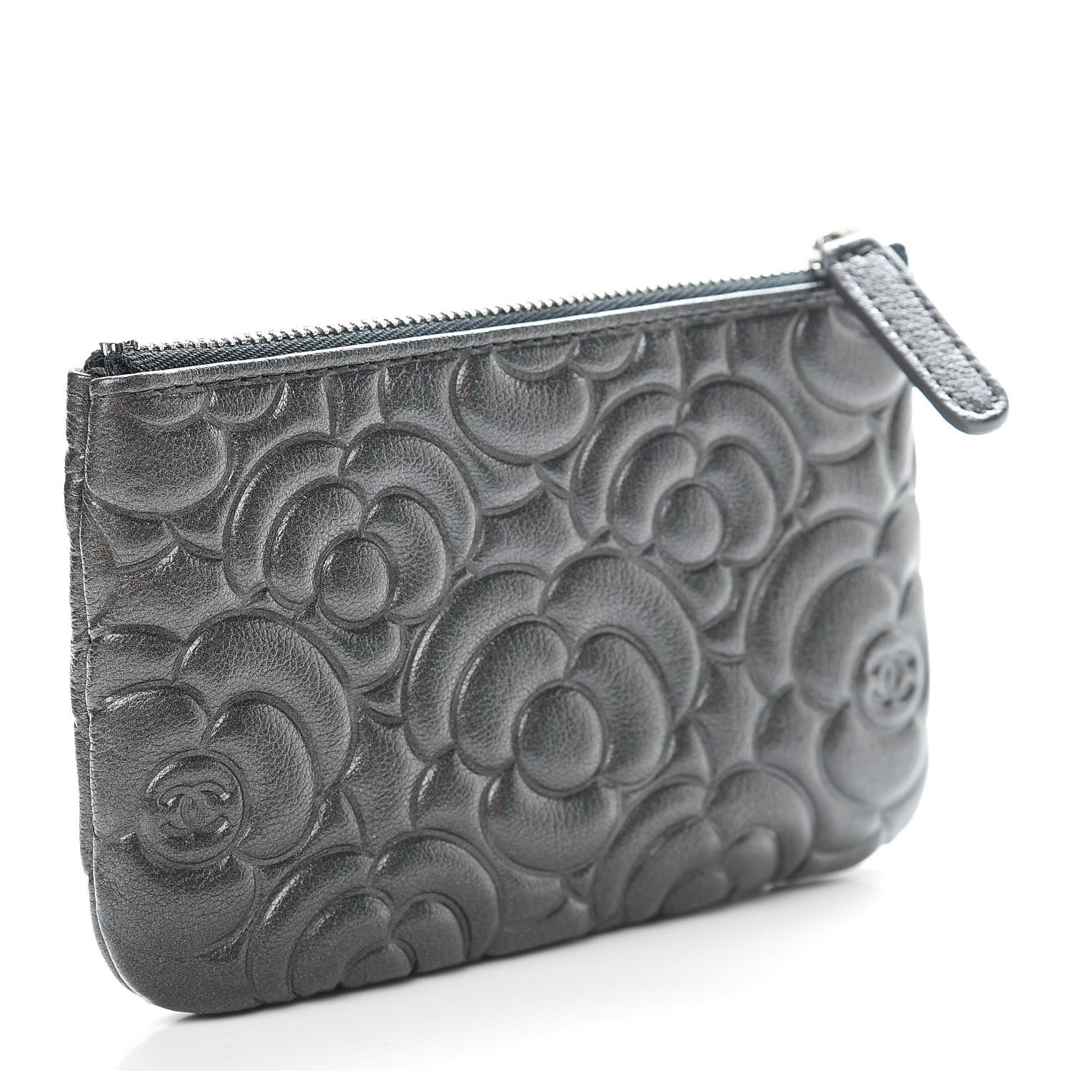 Chanel Goatskin Camellia Embossed Cosmetic Pouch Anthracite 3 of 8