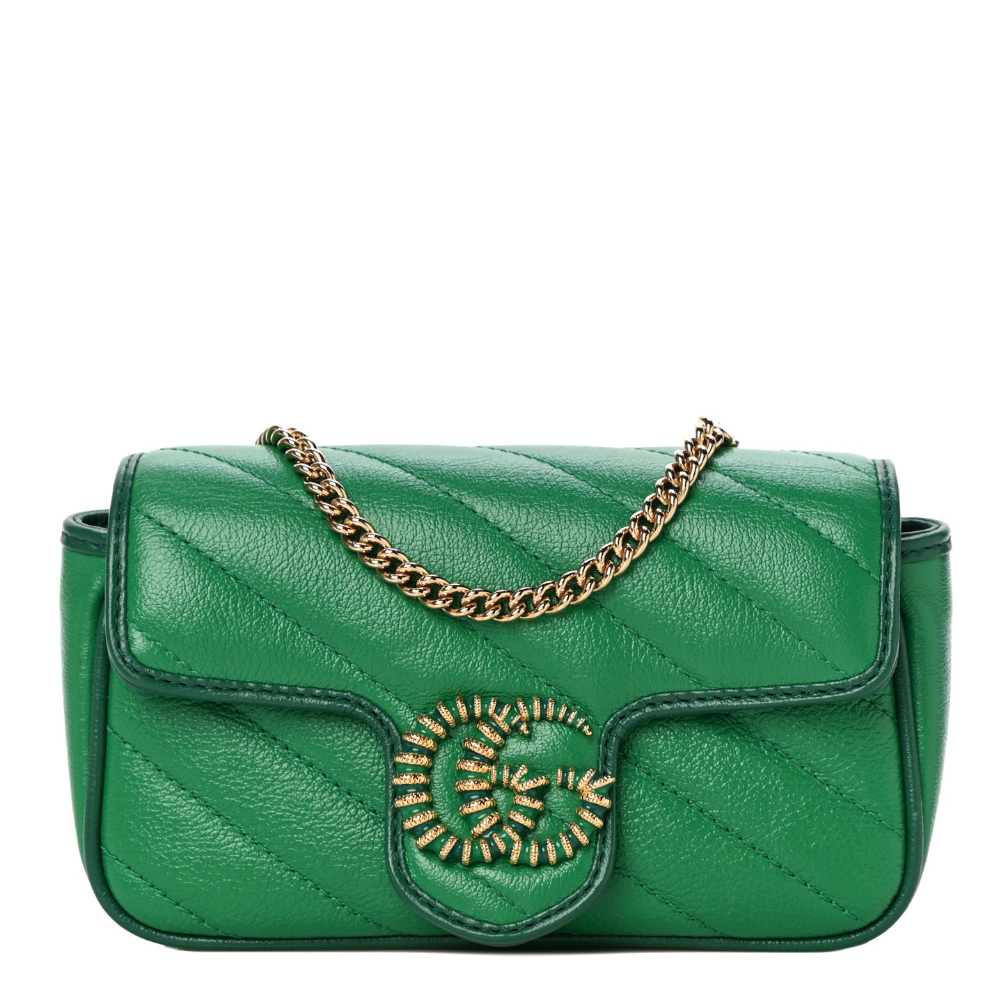 Azalea Calfskin Enamel Matelasse Diagonal Super Mini Torchon GG Marmont Shoulder Bag New Shamarock Emerald