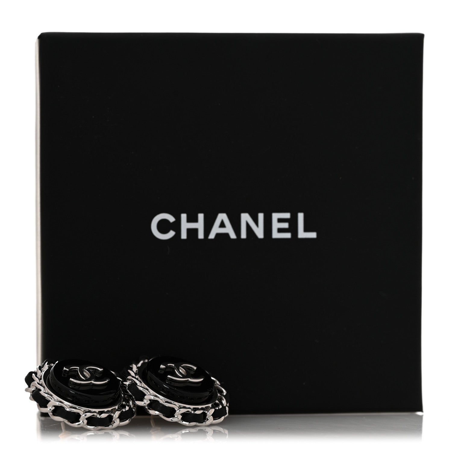 Chanel Metal Enamel Lambskin CC Round Earrings Black Silver 5 of 5