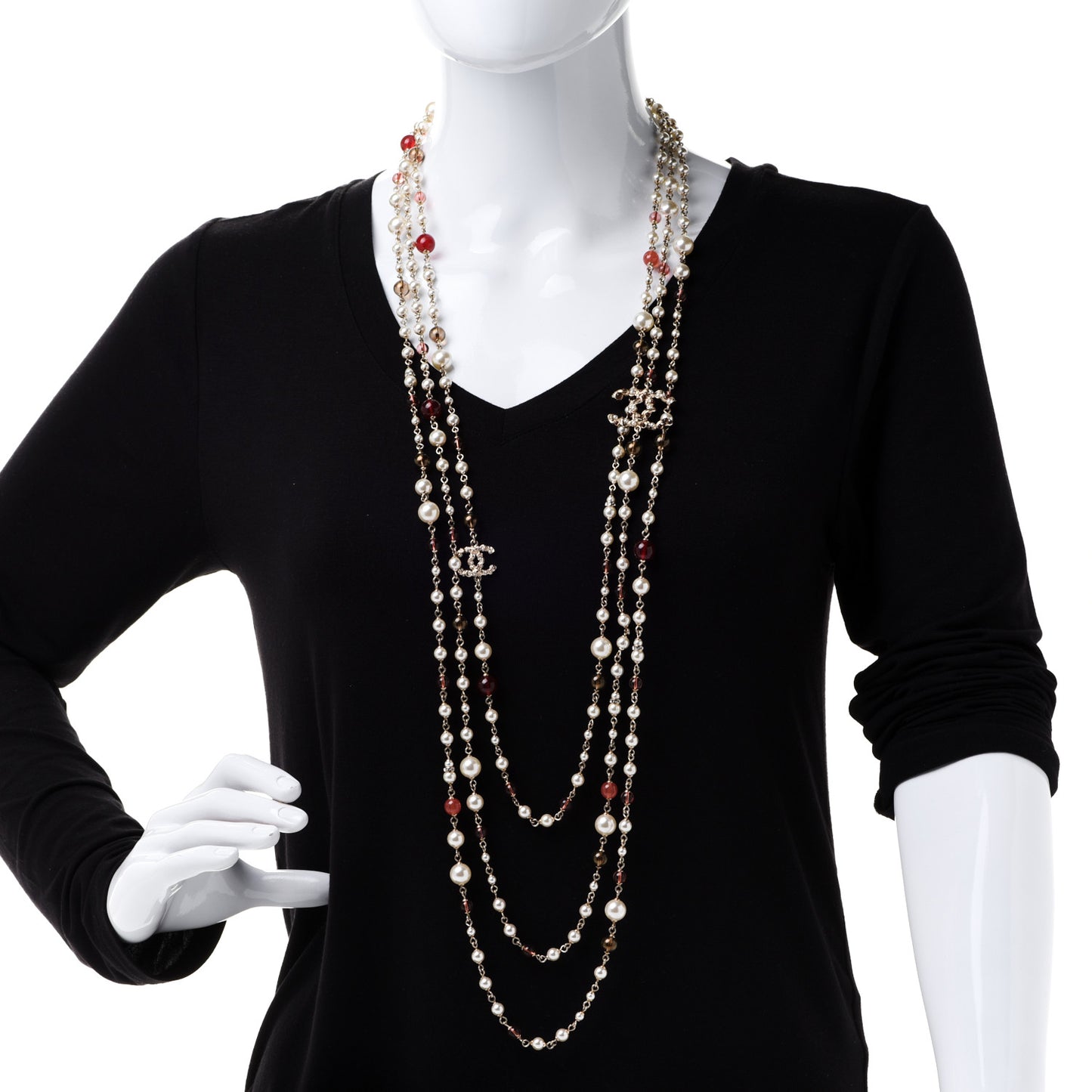 Pearl Bead Multi Strand CC Long Necklace Gold