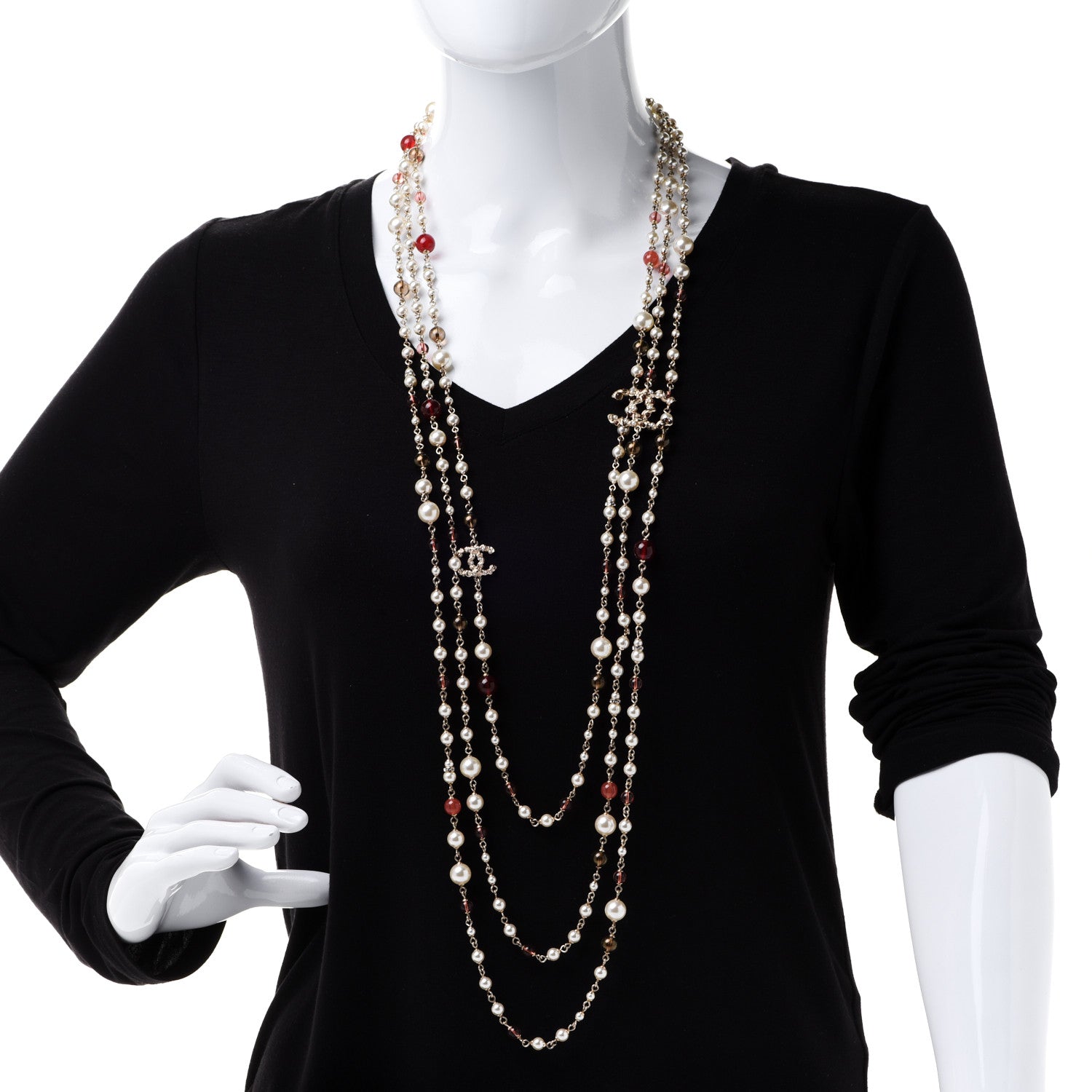 Chanel Pearl Bead Multi Strand CC Long Necklace Gold 2 of 5