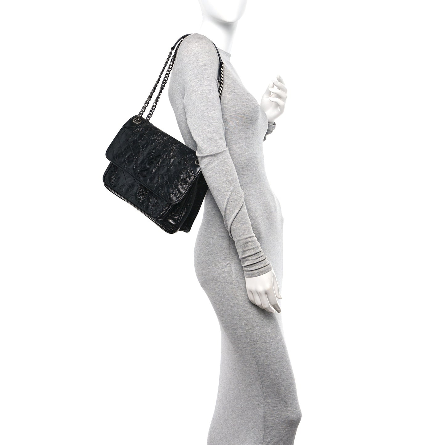 Crinkled Calfskin Matelasse Monogram Medium Niki Chain Satchel Black