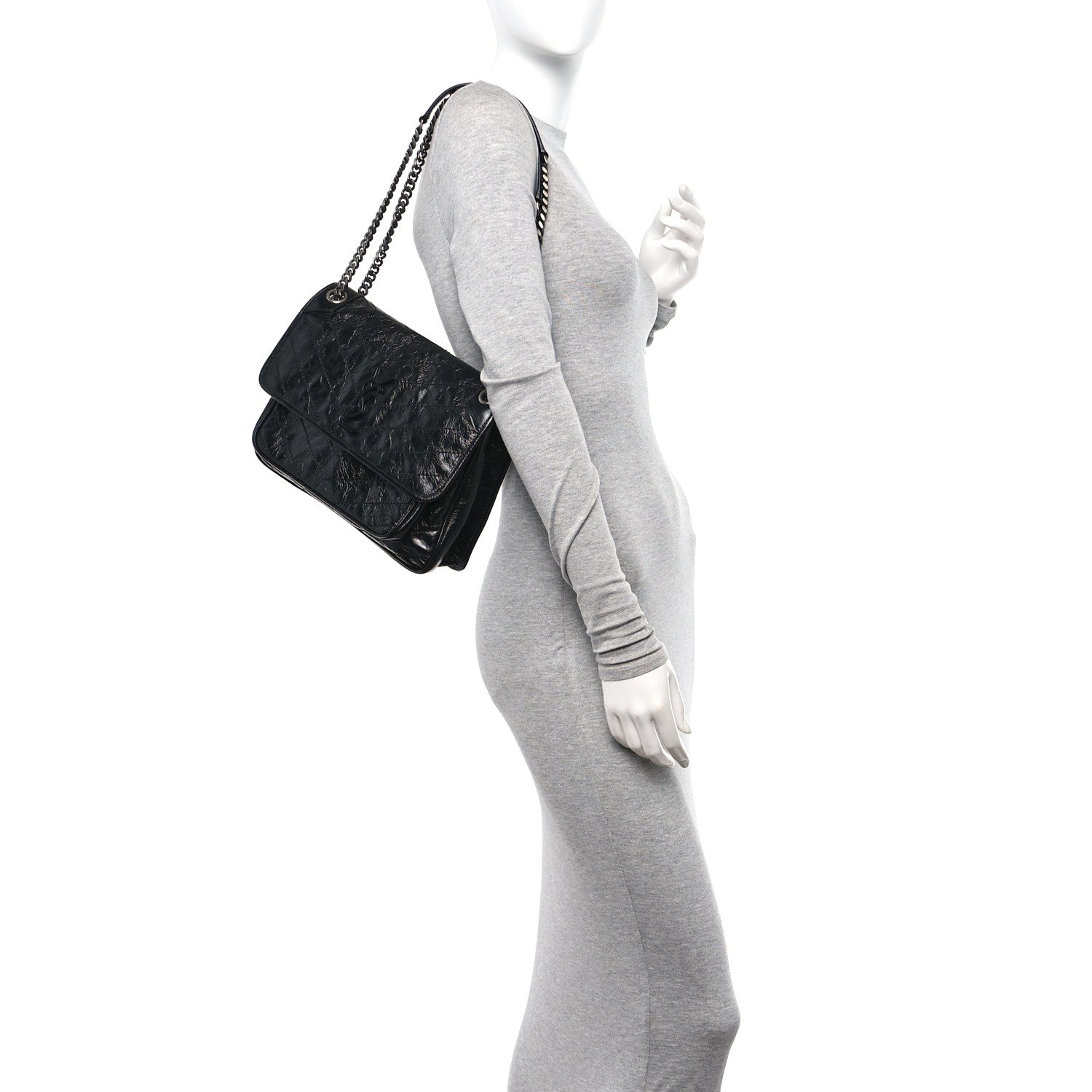 Saint Laurent Crinkled Calfskin Matelasse Monogram Medium Niki Chain Satchel Black 2 of 10