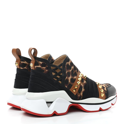 Christian Louboutin Calfskin Neoprene Leopard Studded Donna Flat Sneakers 38 Black Marron 4 of 9