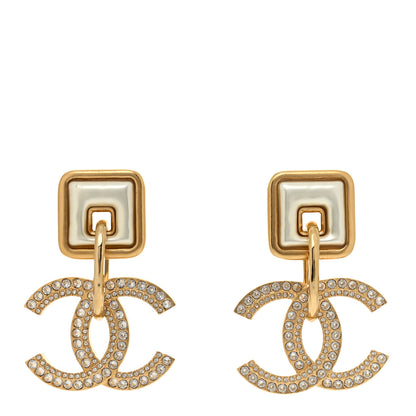 Chanel Crystal Pearl CC Square Drop Earrings Gold Pearly White 1 of 4