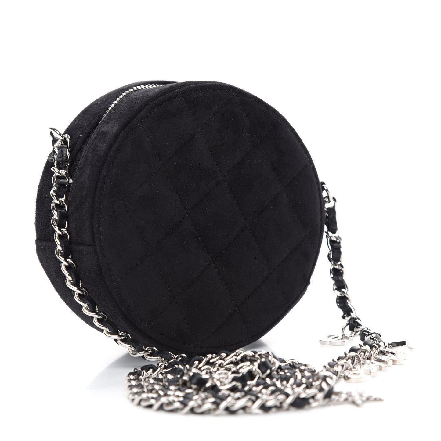 Suede Quilted Crystal Round Clutch With Logo Chain Black