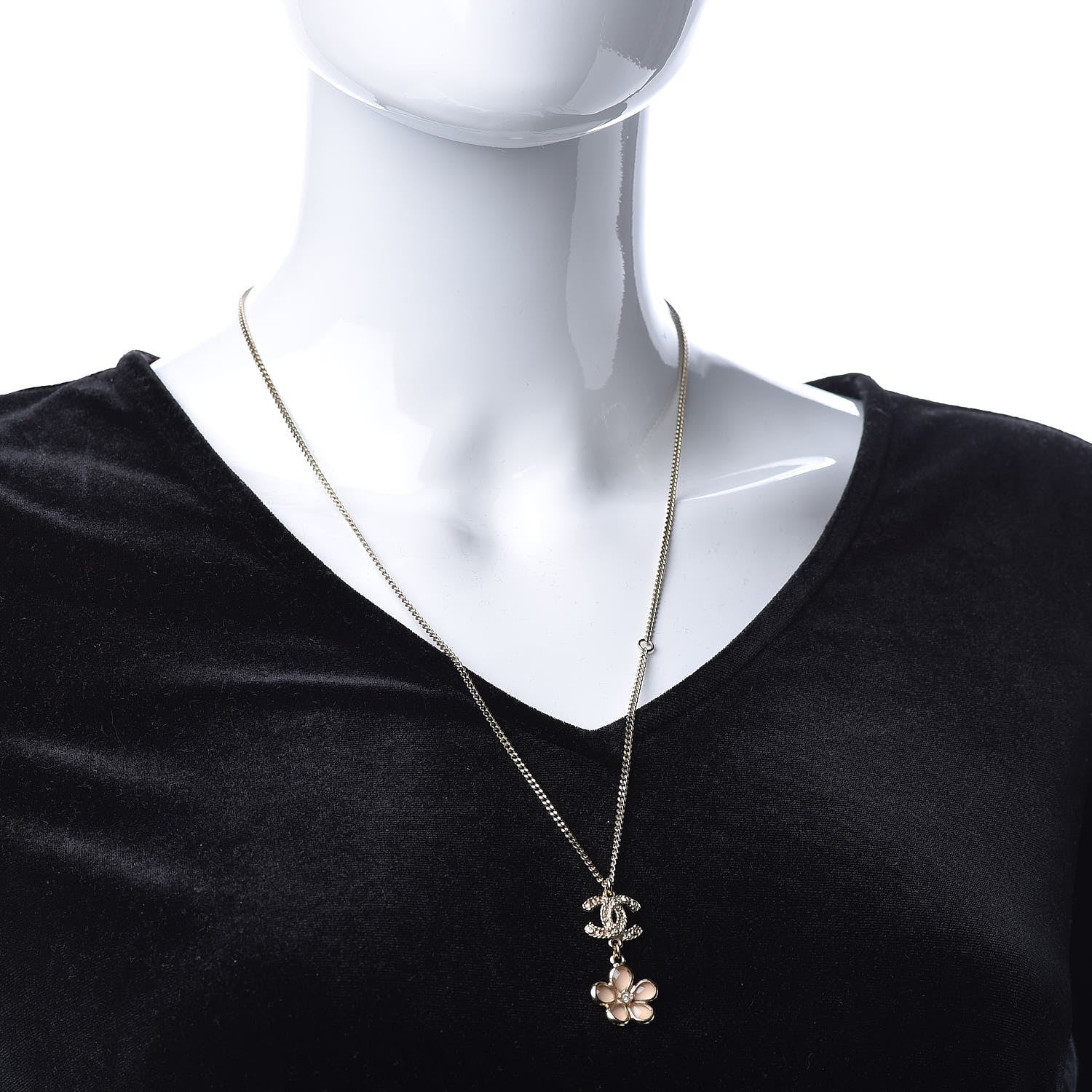 Chanel Enamel Crystal CC Camellia Pendant Necklace Beige Gold 2 of 6
