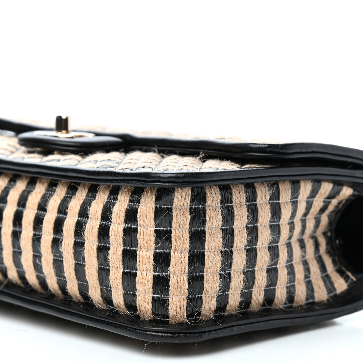 Raffia Jute Striped Medium Single Flap Black Beige