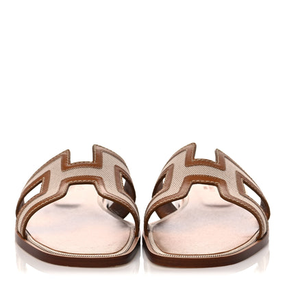 Hermes Calfskin Canvas Oran Sandals 38 Noisette Beige Dore 2 of 9