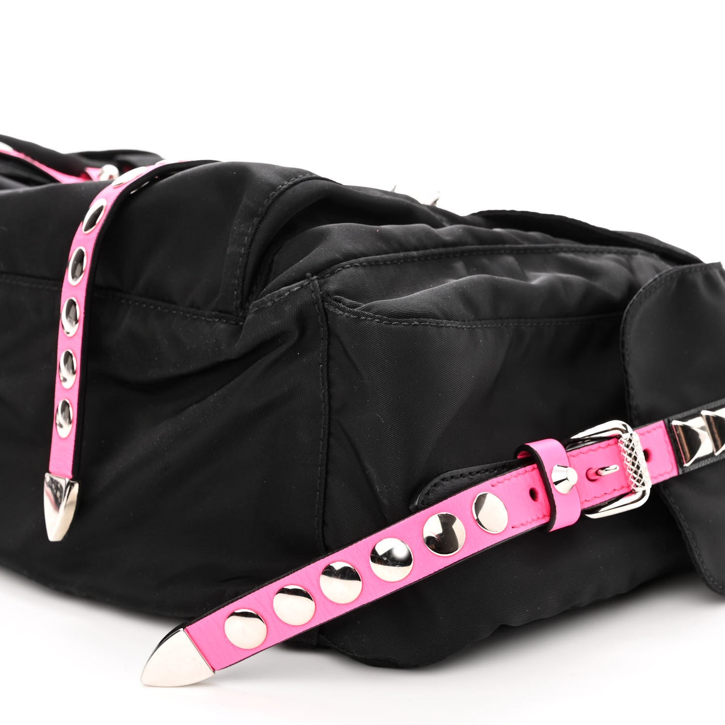 Nylon New Vela Studded Messenger Bag Black Rosa Fluo