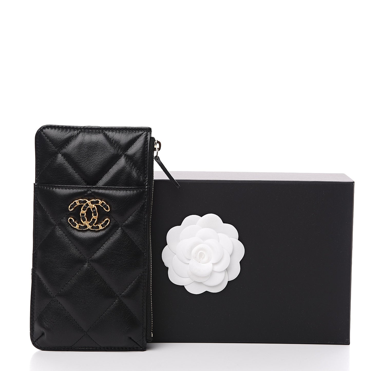 Goatskin Quilted 19 Flat Wallet Pouch Black