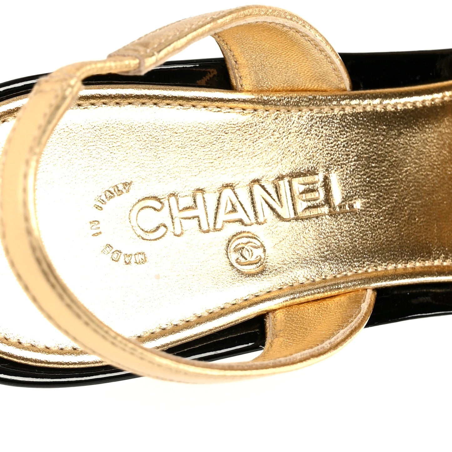 Lambskin Patent Cap Toe CC Apple Slingback Pumps 37 Gold Black