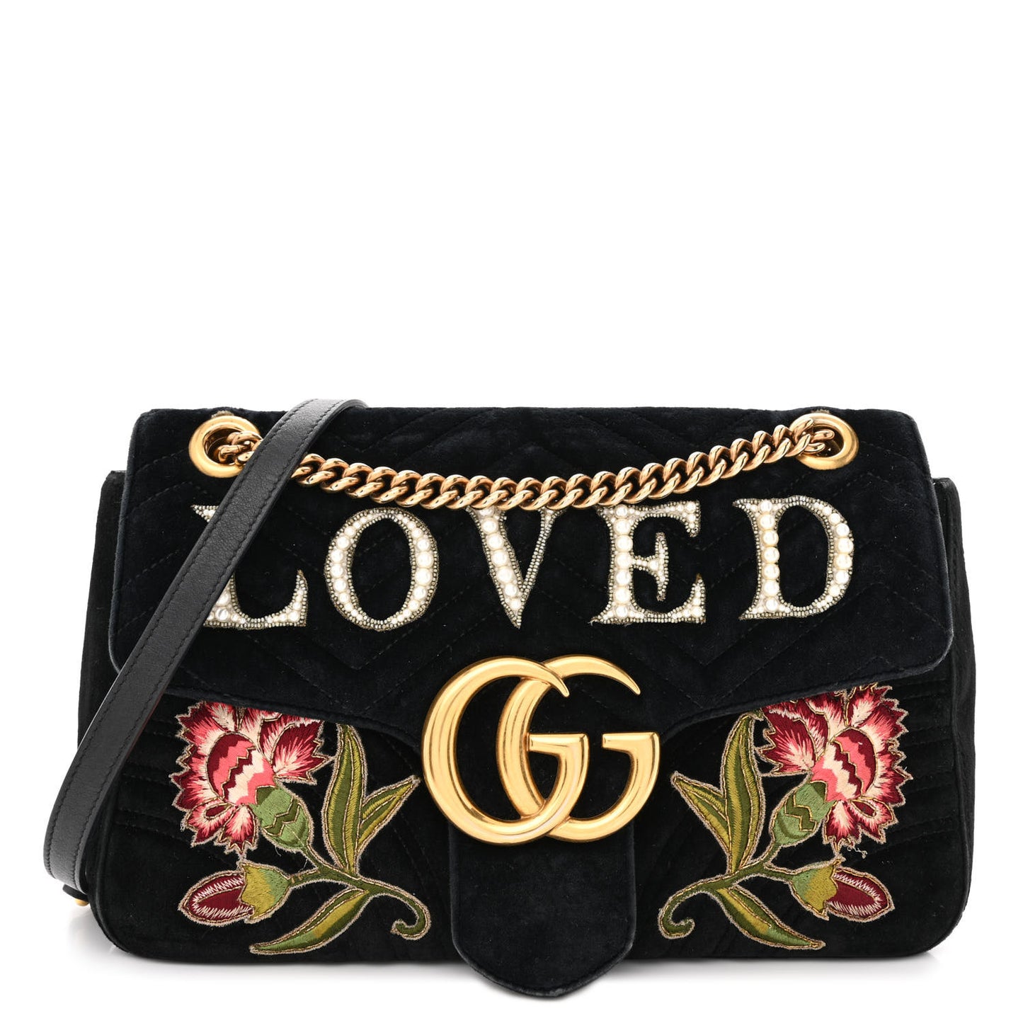 Velvet Matelasse Loved Embroidered Medium GG Marmont Shoulder Bag Black