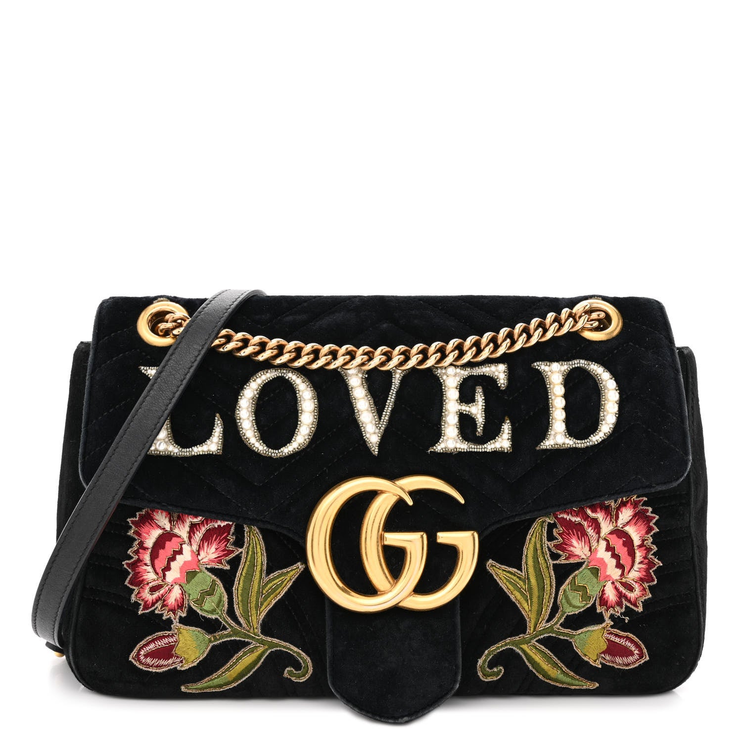 Gucci Velvet Matelasse Loved Embroidered Medium GG Marmont Shoulder Bag Black 1 of 18