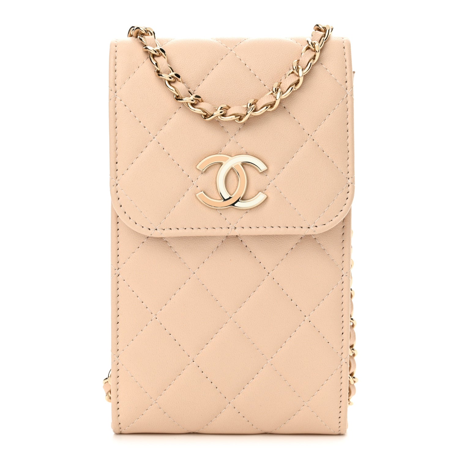 Chanel Lambskin Enamel Quilted Phone Holder With Chain Beige 1 of 13
